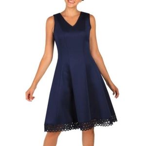 Donna Ricco Navy Sleeveless Scuba Dress With Lace Hem, Fit and Flare, NWT, sz 2